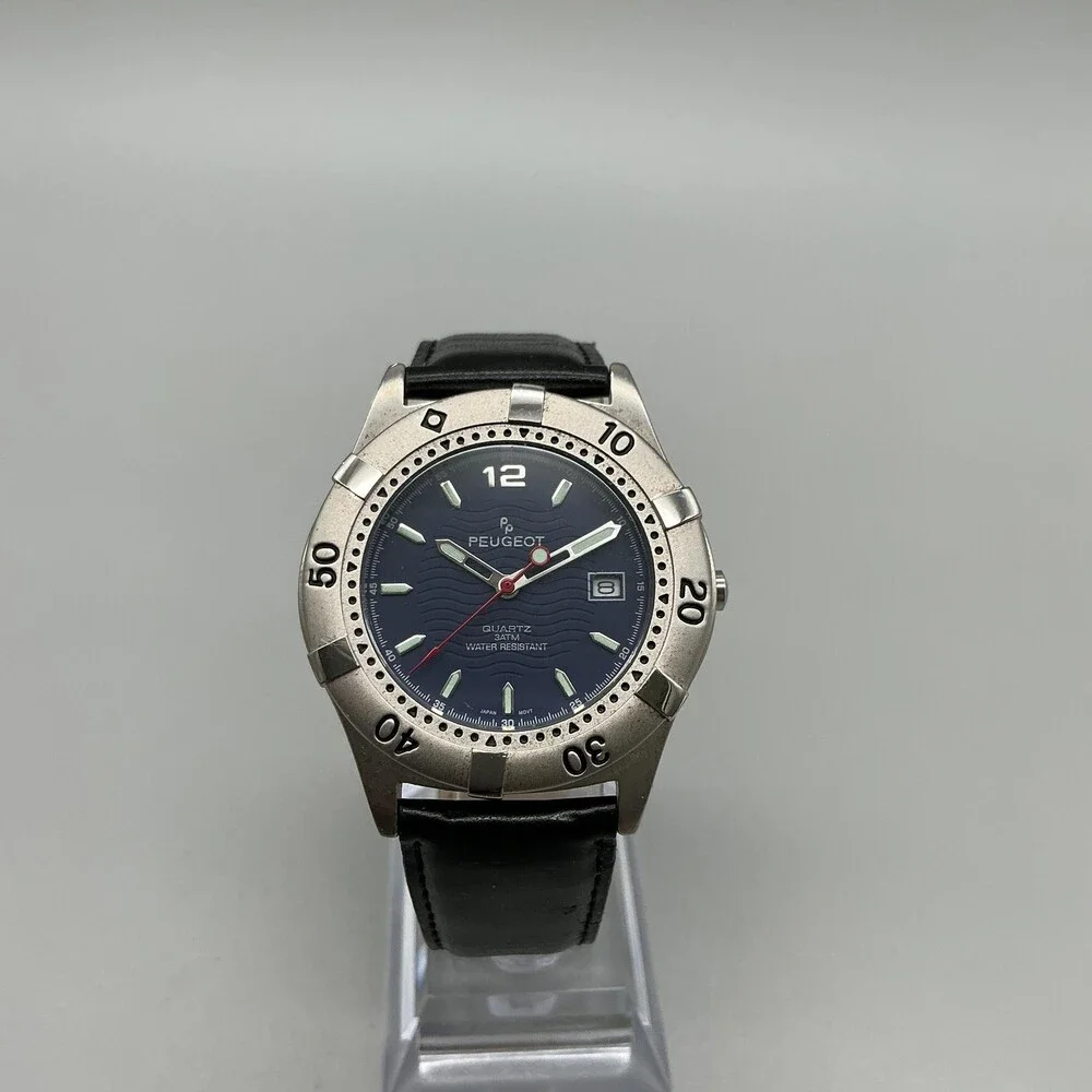 Peugeot Mens Watch Blue Dial Black Leather Diver Date Rotating Bezel New Battery